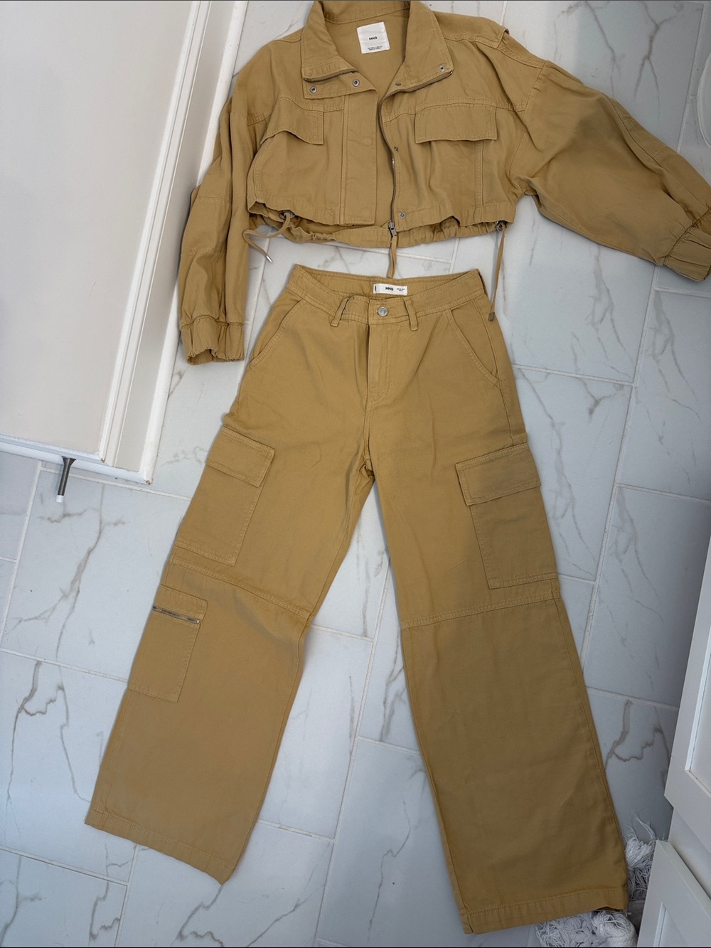 Mango Cropped Utility Jacket & Cargo Pants Set - Tan